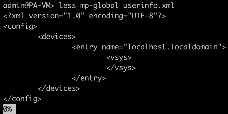 Command: "less mp-global userinfo.xml". Lists the contents of that file, which is a device-specific user listing.