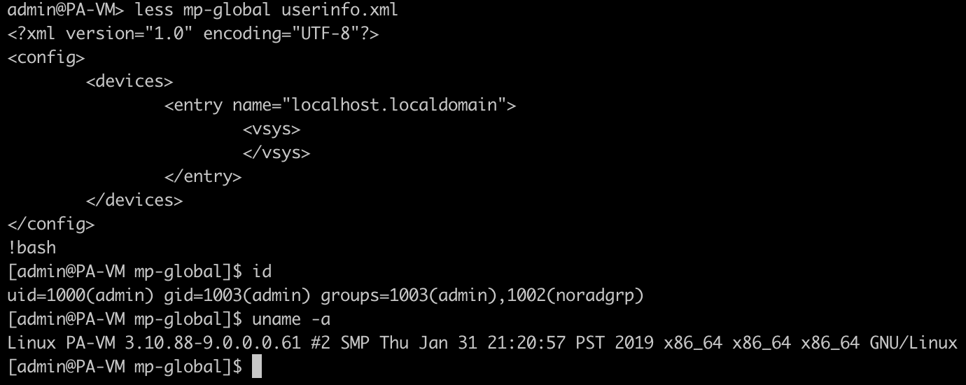 Same command as last figure, but "!bash" is entered which then opens a bash shell. id is run showing the session is for the "admin" user. uname -a is run showing the kernel version as Linux 3.10.88.