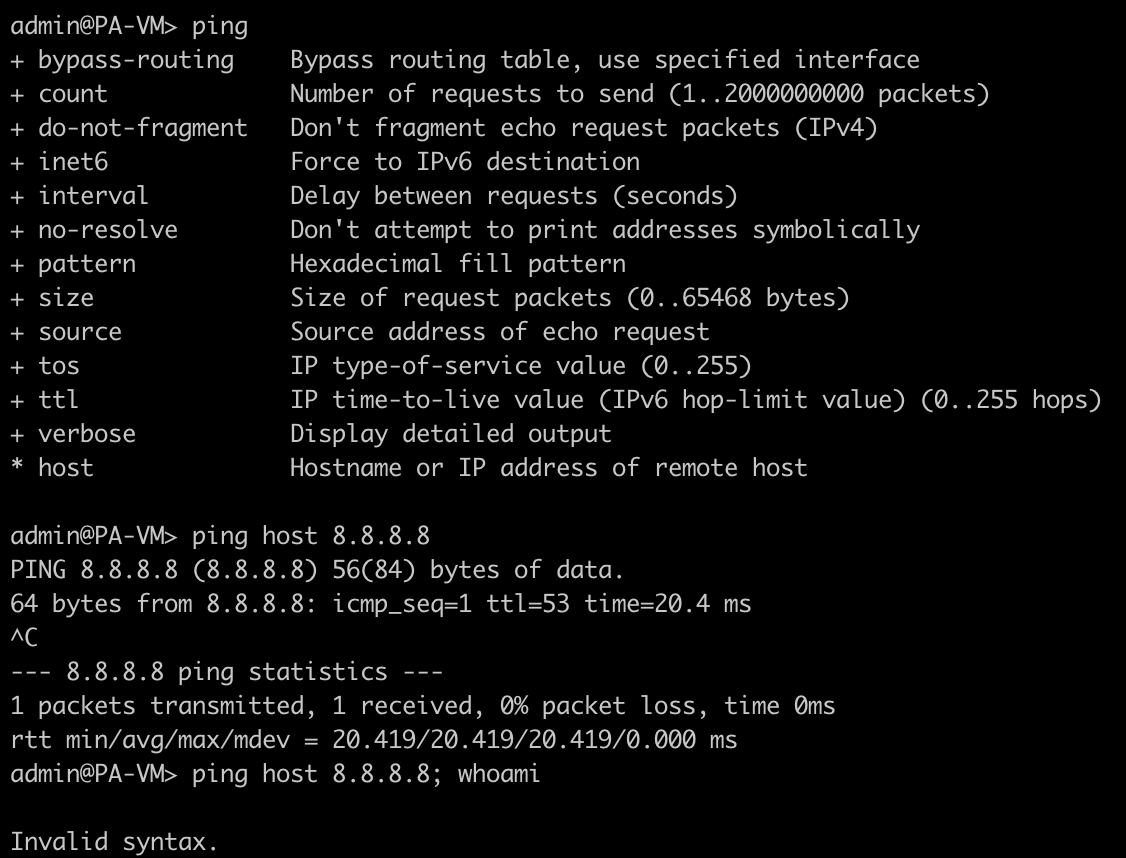 Ping command. Ping succeeds to 8.8.8.8, fails to "8.8.8.8; whoami" with an "Invalid syntax" error.