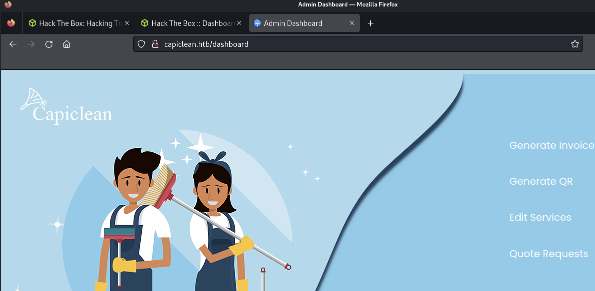 Dashboard page is titled "Admin Dashboard" and lists four options: "Generate Invoice", "Generate QR", "Edit Services", "Quote Requests"