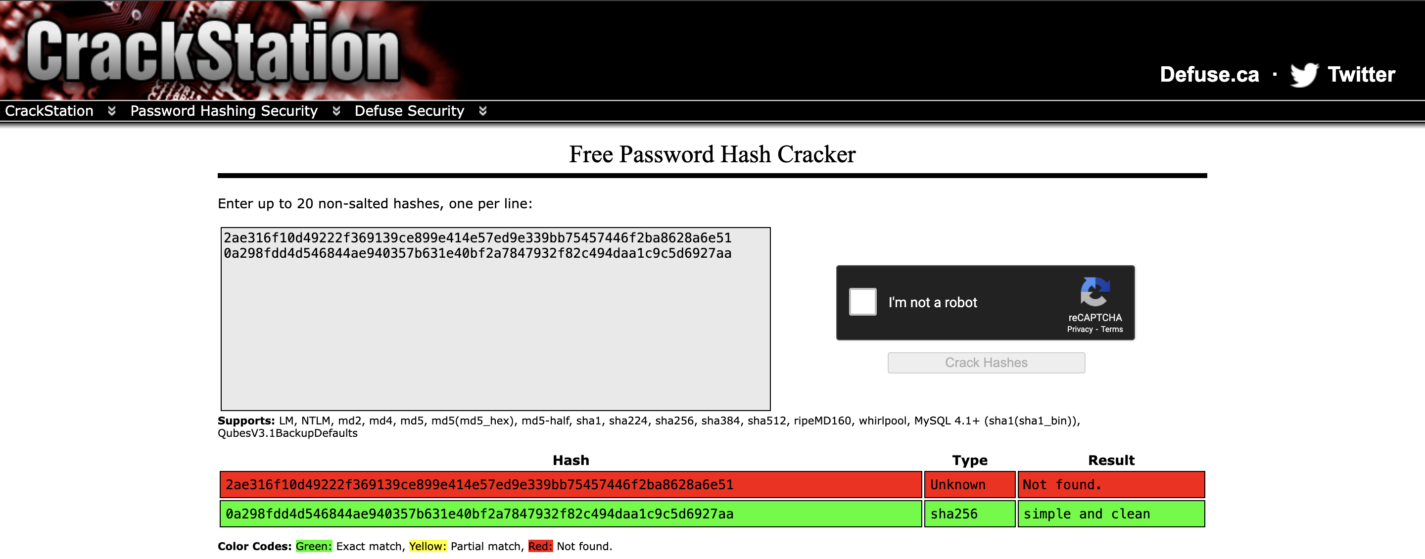 Screenshot of CrackStation, a password hash cracker, with the hashes for admin and consuela entered. admin returns "Not found.", consuela returns "simple and clean"
