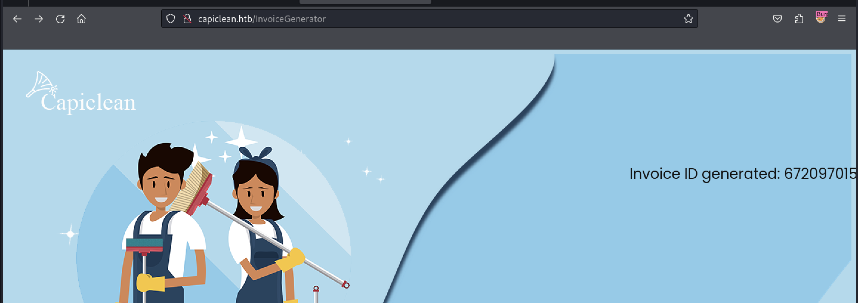 Browsed to "http://capiclean.htb/InvoiceGenerator" with the text "Invoice ID generated: 672097015"