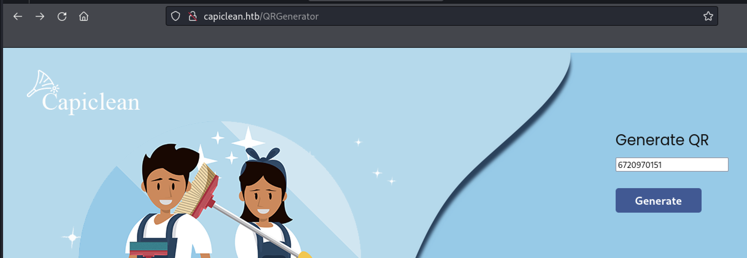 Browsed to "http://capiclean.htb/QRGenerator" with the text "Generate QR", a text bot with the invoice ID entered, and a button labeled "Generate"