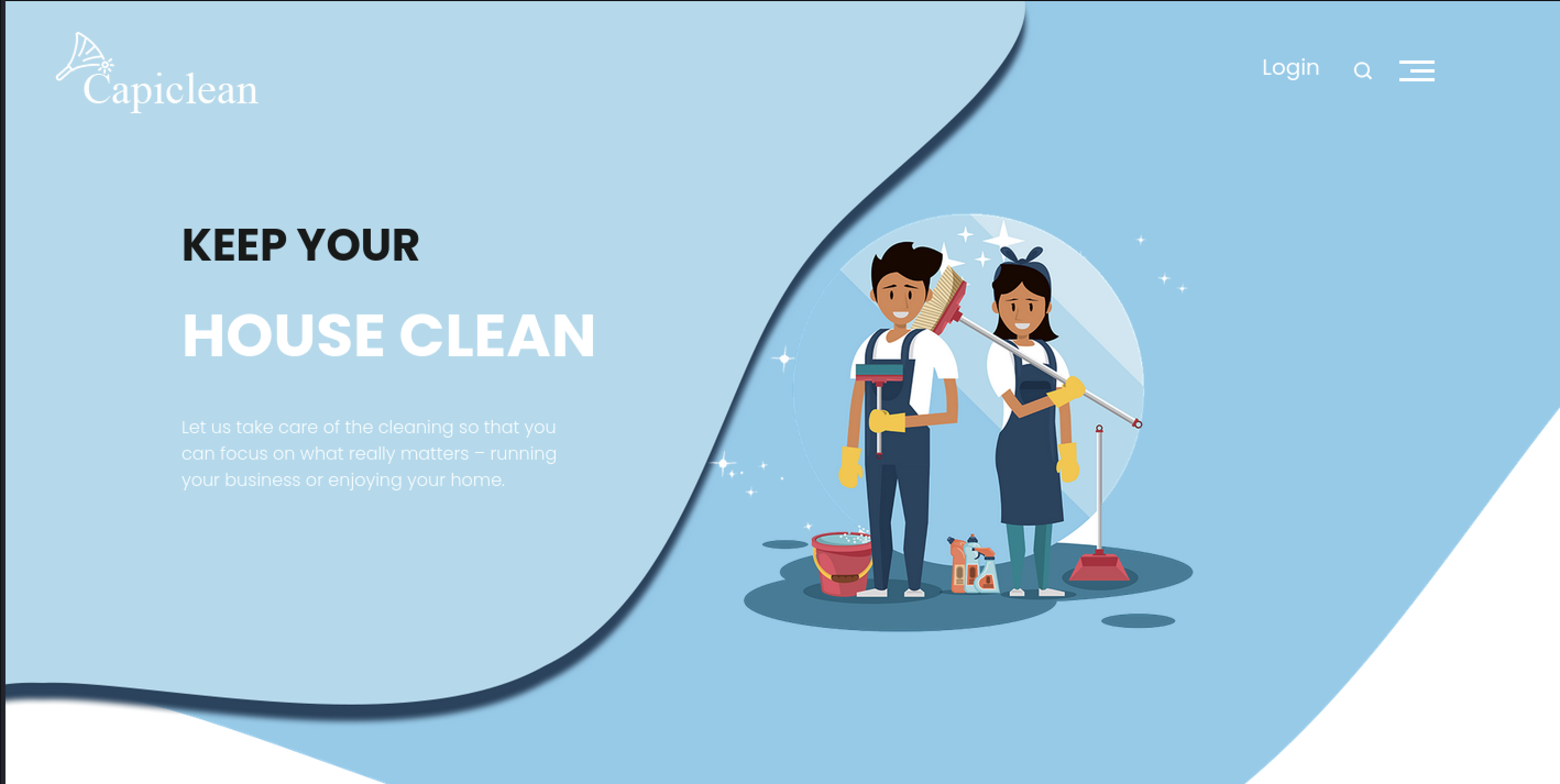 Index page for a website called "Capiclean". Includes a Login button, a search bar, a hamburger menu, and the content "KEEP YOUR HOUSE CLEAN" "Let us take care of the choring so that you can focus on what really matters - running your business or enjoying your home."