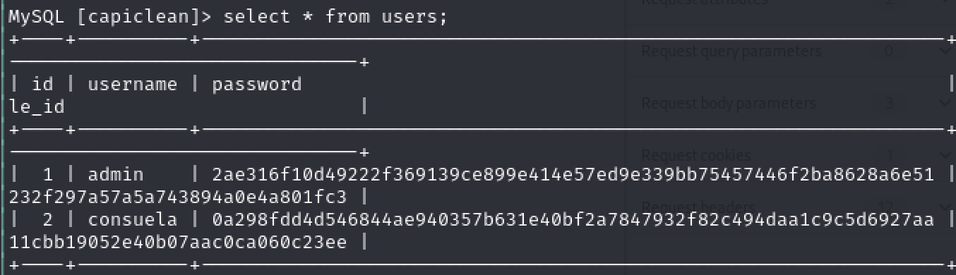 Screenshot of the SQL query "select * from users;" with the output of 2 users: admin and consuela with hashes