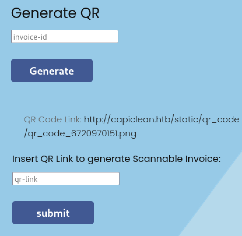 Part of the next page showing "Generate QR" as bold text, an empty text field labeled "invoice-id", a button labeled "Generate", text that says "QR Code Link: http://capiclean.htb/static/qr_code/qr_code_6720970151.png", more bold text saying "Insert QR Link to generate Scannable Invoice:", another empty text field labeled "qr-link", and another button labeled "submit"