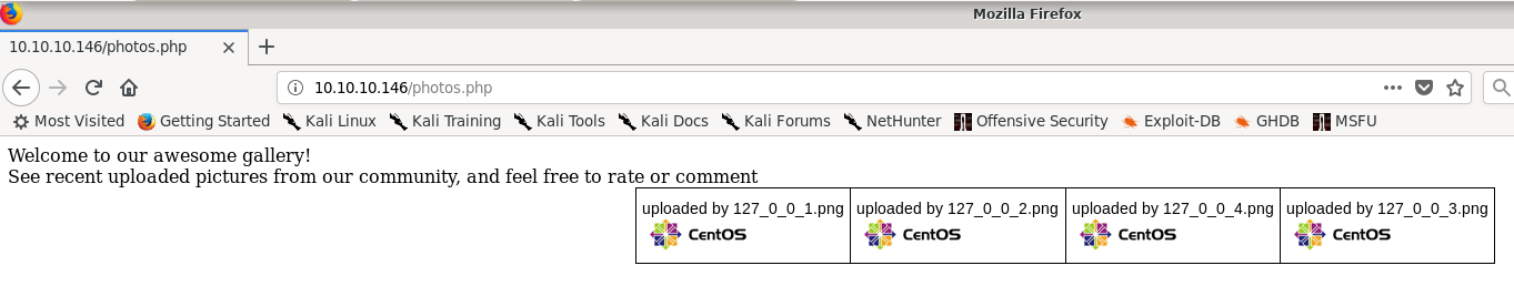 Web browser browsed to http://10.10.10.146/photos.php. Text says "Welcome to our awesome gallery! See recent uploaded pictures from our community, and feel free to rate or comment" and four pictures that say "uploaded by 127_0_0_1.png"
