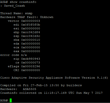 Output of show crashinfo command which shows the last crash was caused by a thread named "snmp"